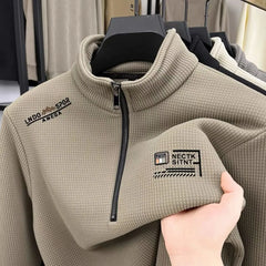 Men’s Vintage Half-Zip Fleece Pullover – Thick Plaid Wool Turtleneck Sweatshirt