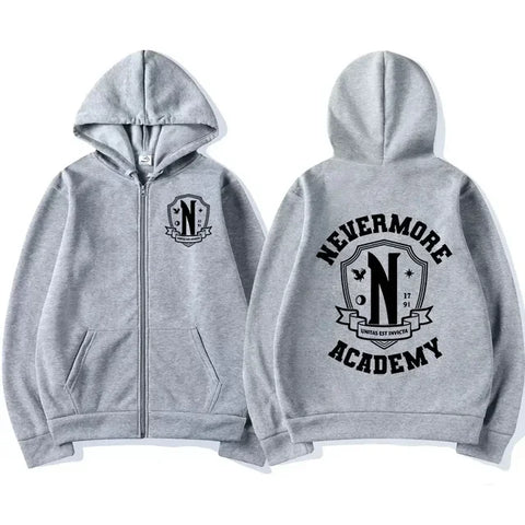 Nevermore Academy Graphic Zipper Hoodie – Unisex Casual Oversized