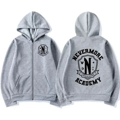 Nevermore Academy Graphic Zipper Hoodie – Unisex Casual Oversized