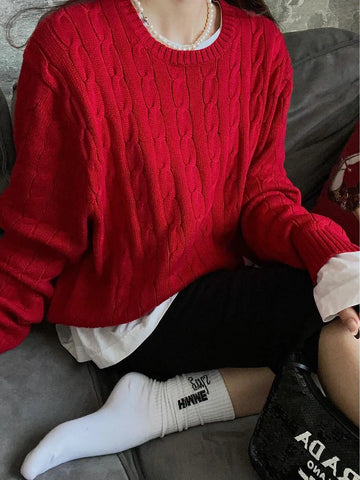 Women’s Autumn Knitted Sweater – Oversized Round Neck Pullover with Embroidered Logo