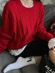 Women’s Autumn Knitted Sweater – Oversized Round Neck Pullover with Embroidered Logo