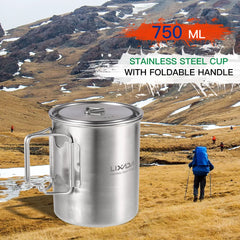 LIXADA 750ml Stainless Steel Camping Mug with Lid & Foldable Handle