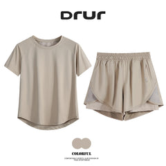 DRUR Women’s 2-Piece Summer Gym Set – Short Sleeve Top & Shorts Tracksuit